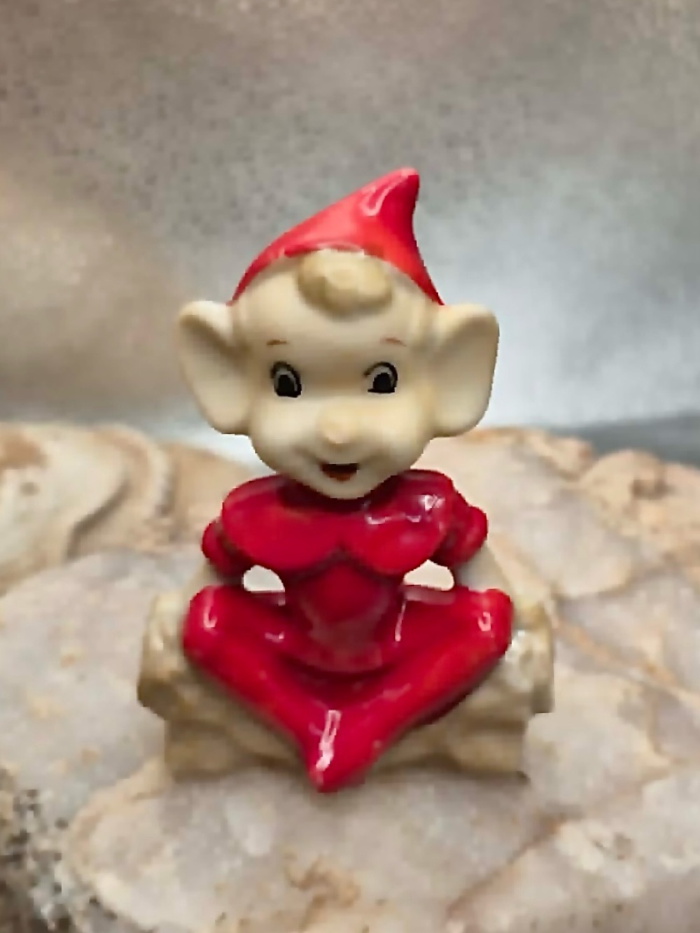 RARE Vintage MCM Pixie Miniature - Small Elf Red Suit Sitting on Log JAPAN